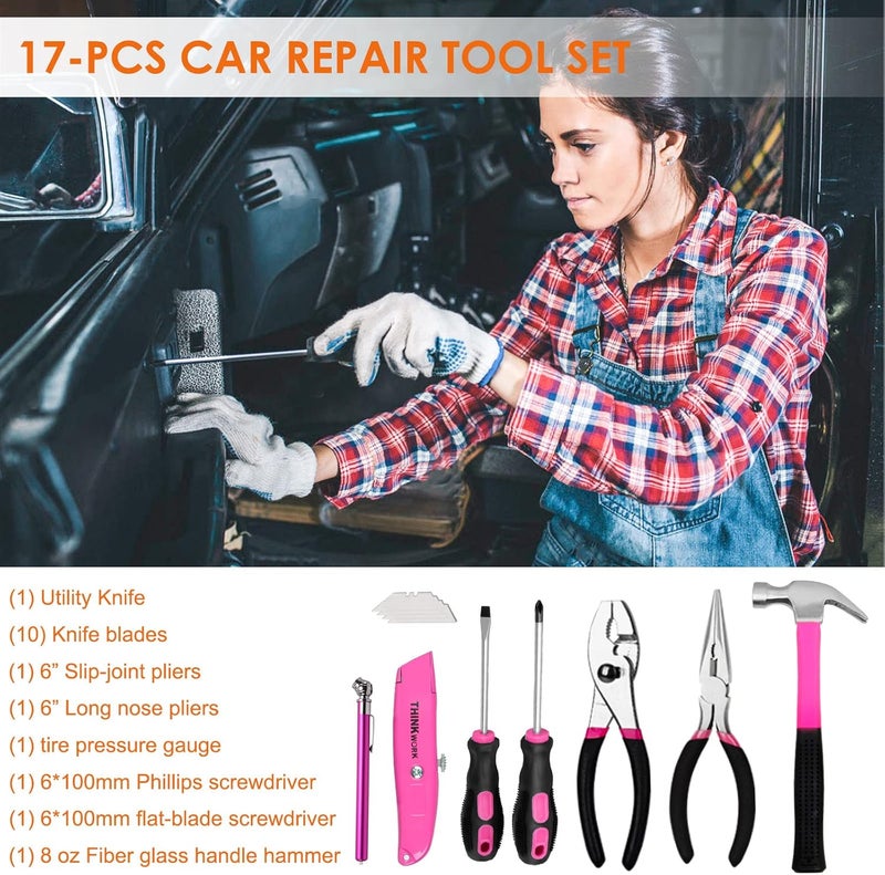 THINKWORK Car Emergency Kit for Teen Girl and Lady's Gifts, Pink Emergency Roadside Assistance kit with Pink Car Tool Set, 10FT Jumper, First Aid Kit, and More Ideal Pink Car Accessories Tool - E8 - Image 2